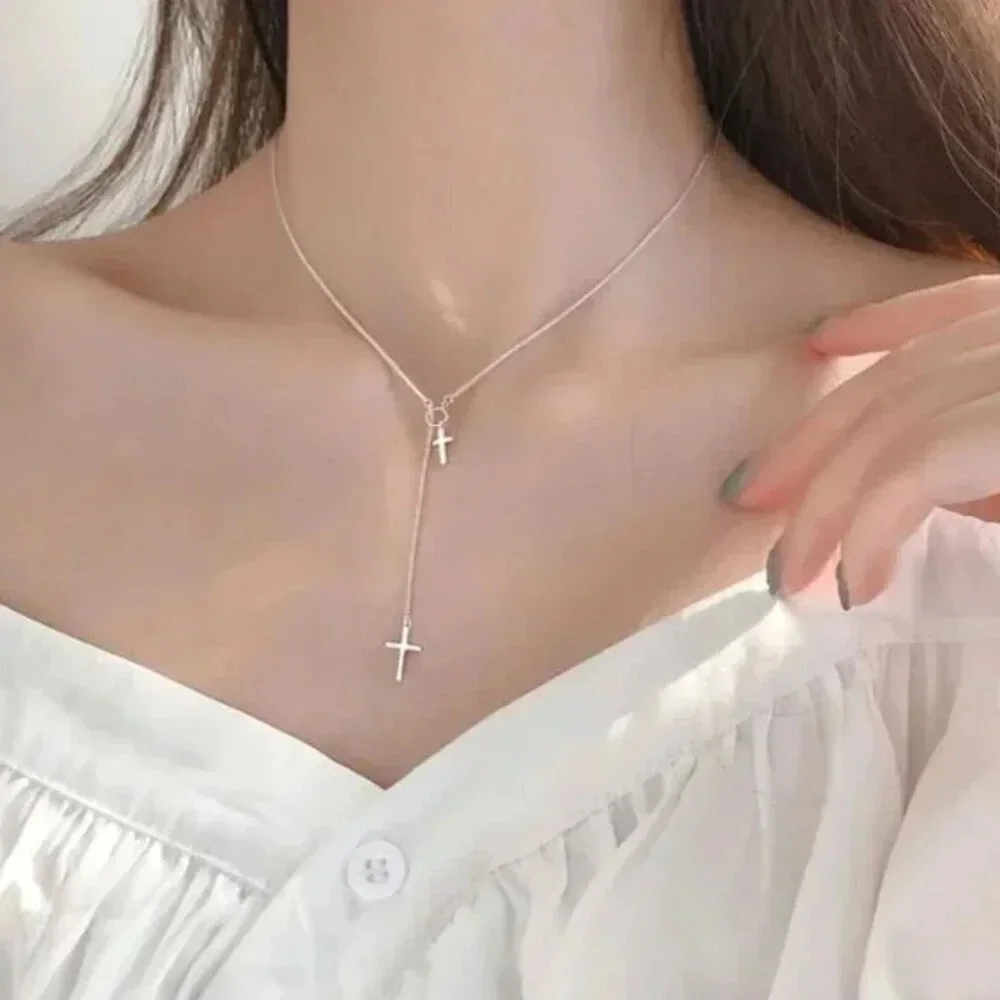 925 Sterling Silver Lariat Cross Necklace Cross Chain Long Drop Necklace - Picture 6 of 6